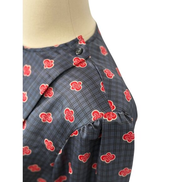 Christian Dior Vintage Satin Blouse Blue Red Print Long Slv Banded Waist Size 8 - Picture 2 of 11